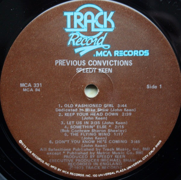 John "Speedy" Keen : Previous Convictions (LP, Album, Pin)