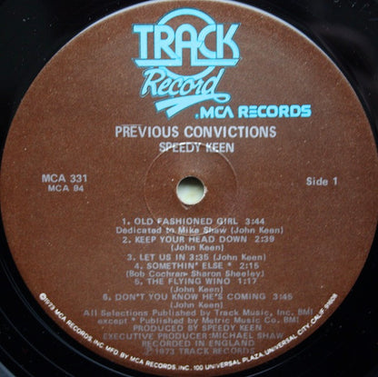 John "Speedy" Keen : Previous Convictions (LP, Album, Pin)