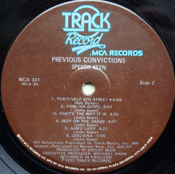 John "Speedy" Keen : Previous Convictions (LP, Album, Pin)