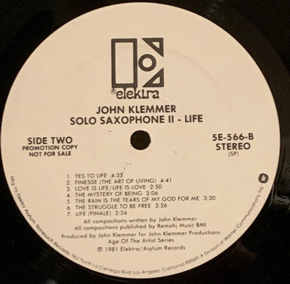 John Klemmer : Solo Saxophone II - Life (LP, Album, Promo, SP)
