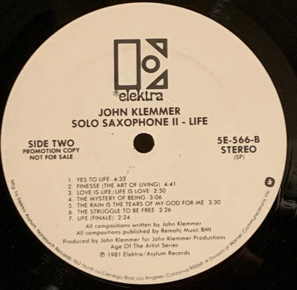 John Klemmer : Solo Saxophone II - Life (LP, Album, Promo, SP)