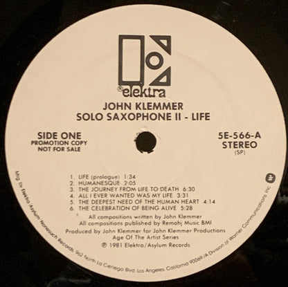 John Klemmer : Solo Saxophone II - Life (LP, Album, Promo, SP)