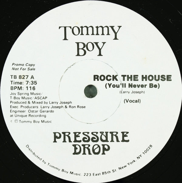 Pressure Drop (2) : Rock The House (You'll Never Be) (12", Promo)