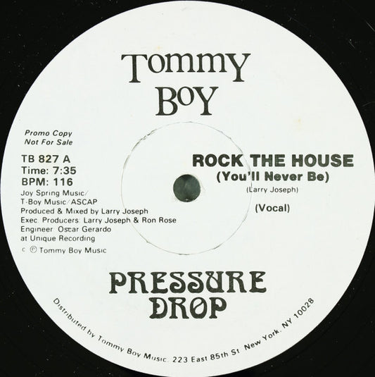 Pressure Drop (2) : Rock The House (You'll Never Be) (12", Promo)