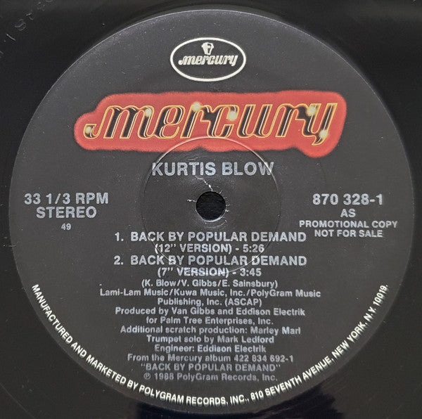 Kurtis Blow : Back By Popular Demand (12", Promo)
