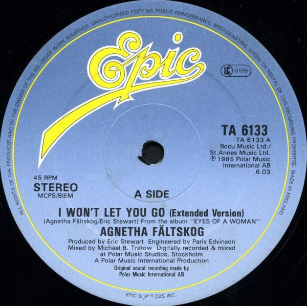 Agnetha Fältskog : I Won't Let You Go (12", Single)