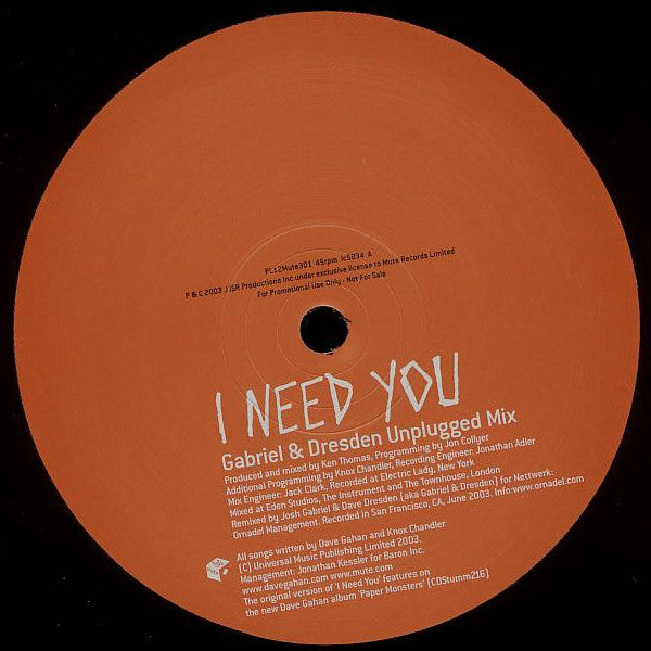 Dave Gahan : I Need You (12", Single, Promo)