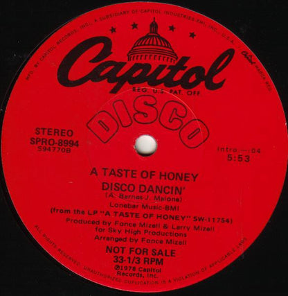 A Taste Of Honey : Disco Dancin' / Sky High (12", Promo)