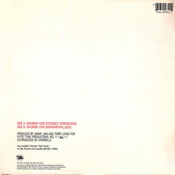 Cherrelle With Alexander O'Neal : Saturday Love (12" Extended Dance Version) (12", Pic)