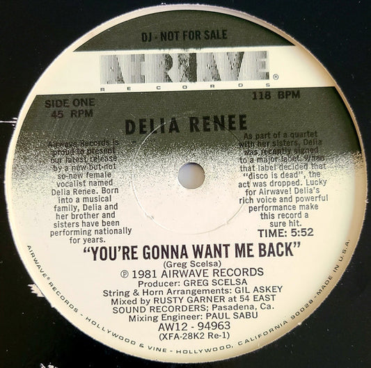 Delia Renee : You're Gonna Want Me Back (12", Promo)