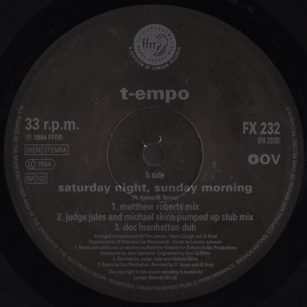 T-Empo : Saturday Night, Sunday Morning (12", Single)