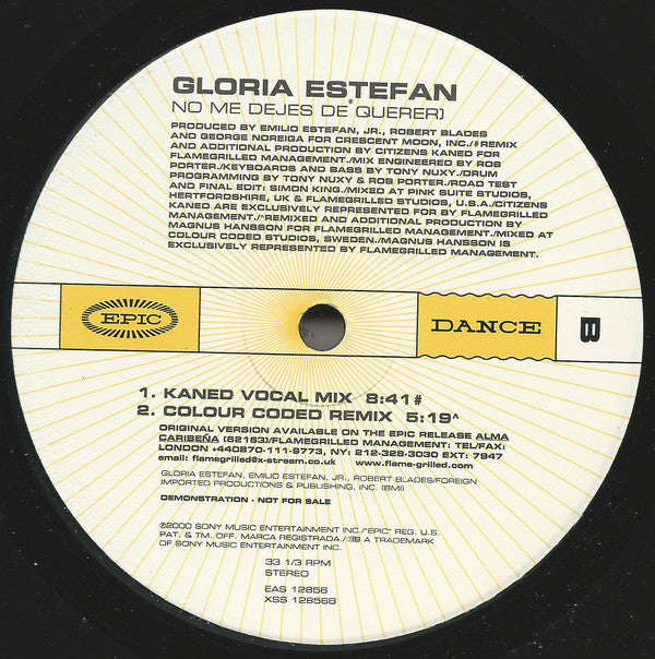 Gloria Estefan : No Me Dejes De Querer (12", Single, Promo)