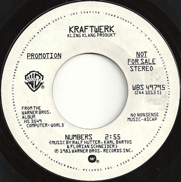 Kraftwerk : Numbers (7", Single, Promo, Styrene)