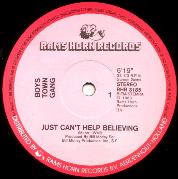 Boys Town Gang : Just Can't Help Believing (12", Single)