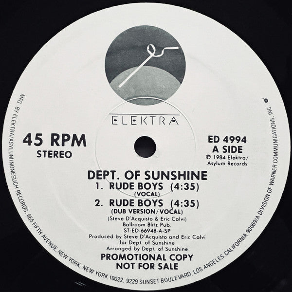 Dept. Of Sunshine : Rude Boys / Space Tropics (Rapp-sody) (12", Promo)