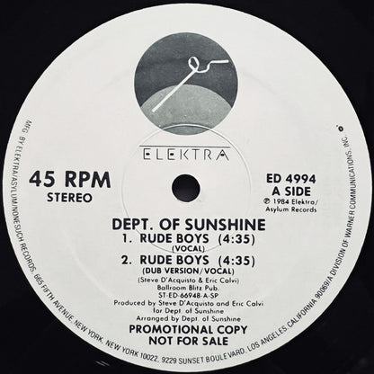 Dept. Of Sunshine : Rude Boys / Space Tropics (Rapp-sody) (12", Promo)