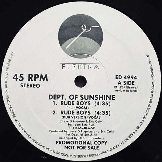 Dept. Of Sunshine : Rude Boys / Space Tropics (Rapp-sody) (12", Promo)