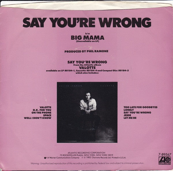 Julian Lennon : Say You're Wrong (7", Single, Spe)