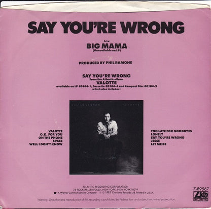 Julian Lennon : Say You're Wrong (7", Single, Spe)