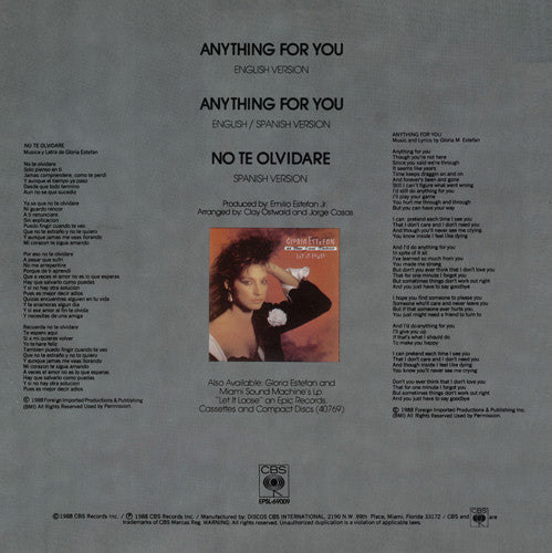 Gloria Estefan & Miami Sound Machine* : Anything For You (12", Single)