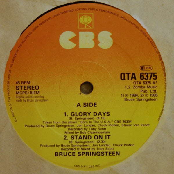 Bruce Springsteen : Glory Days (12", Single, Pos)
