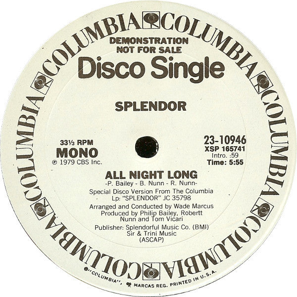 Splendor (3) : All Night Long (12", Mono, Promo)
