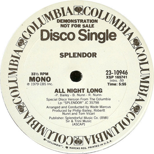 Splendor (3) : All Night Long (12", Mono, Promo)
