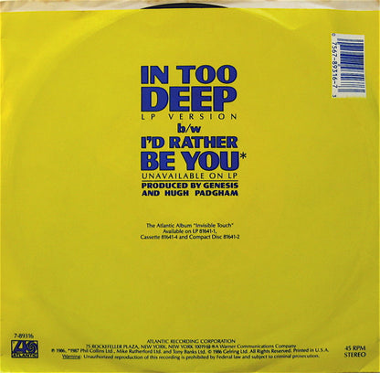 Genesis : In Too Deep (7", Single, Styrene, All)