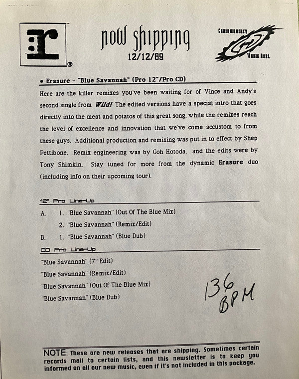 Erasure : Blue Savannah (12", Promo)