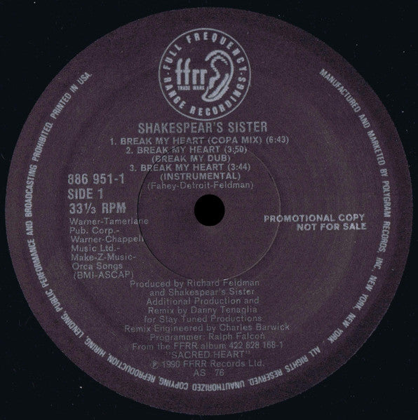 Shakespear's Sister : Break My Heart (Extended Versions) (12", Single, Promo)