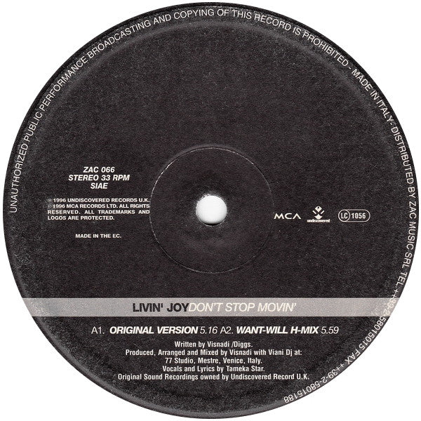 Livin' Joy : Don't Stop Movin' (12")