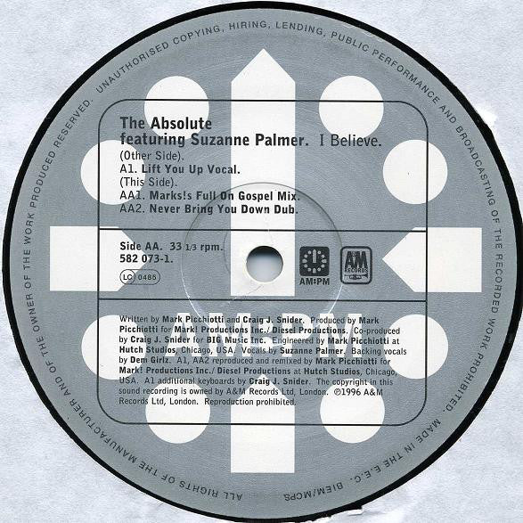 The Absolute Featuring Suzanne Palmer : I Believe (Mark Picchiotti Mixes) (12")