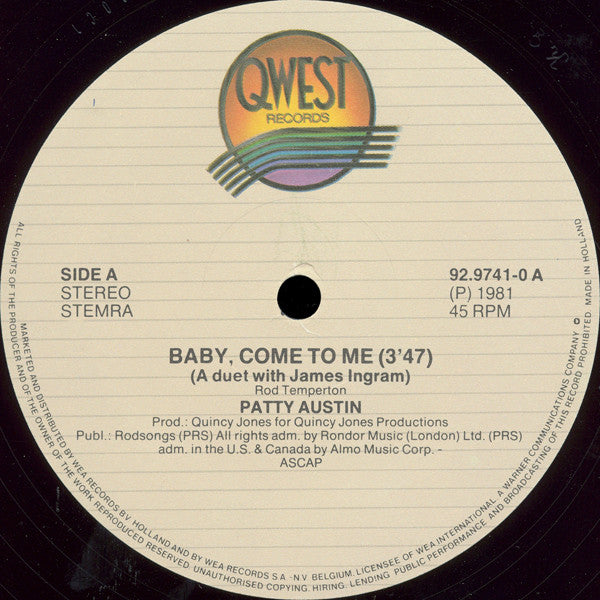 Quincy Jones Presents Patti Austin Duet With James Ingram : Baby, Come To Me (12", Maxi)