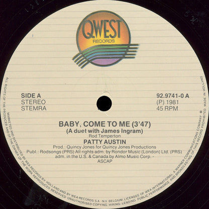 Quincy Jones Presents Patti Austin Duet With James Ingram : Baby, Come To Me (12", Maxi)