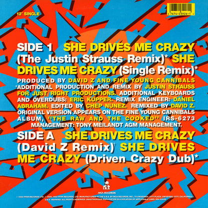 Fine Young Cannibals : She Drives Me Crazy (12", Single, Pin)