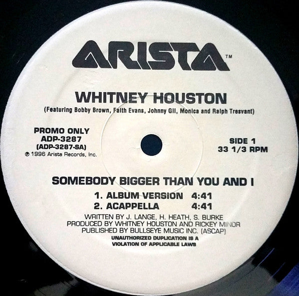 Whitney Houston Featuring Bobby Brown, Faith Evans, Johnny Gill, Monica And Ralph Tresvant : Somebody Bigger Than You And I (12", Promo)