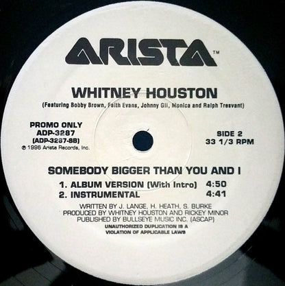 Whitney Houston Featuring Bobby Brown, Faith Evans, Johnny Gill, Monica And Ralph Tresvant : Somebody Bigger Than You And I (12", Promo)