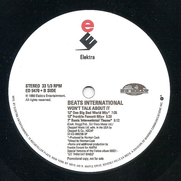 Beats International : Won't Talk About It (12", Single, Promo)