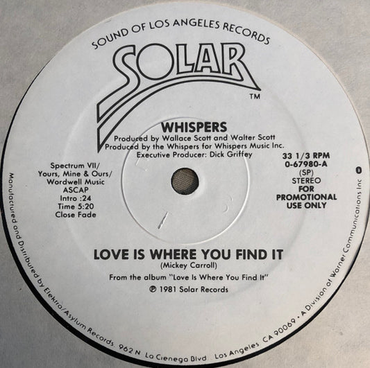 Whispers* : Love Is Where You Find It (12", Promo)