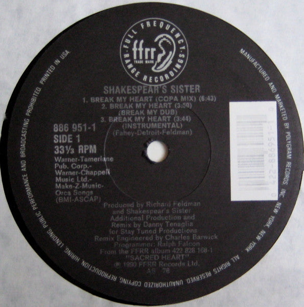 Shakespear's Sister : Break My Heart (Extended Versions) (12", Single)
