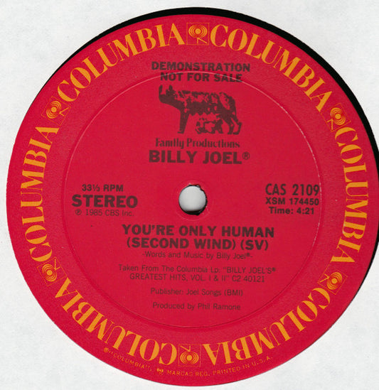 Billy Joel : You're Only Human (Second Wind) (12", Promo)