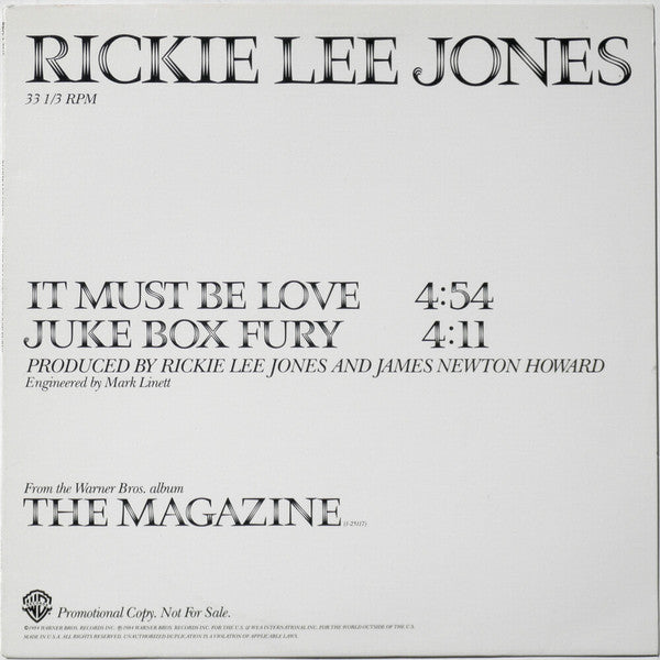 Rickie Lee Jones : It Must Be Love / Juke Box Fury (12", Single, Promo)