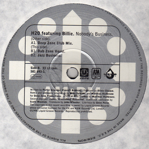 H2O Featuring Billie : Nobody's Business (Deep Zone Mixes) (2x12", Ltd)