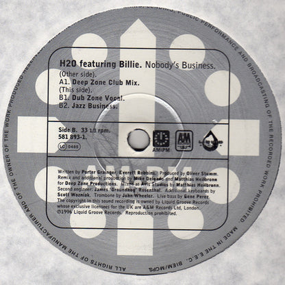 H2O Featuring Billie : Nobody's Business (Deep Zone Mixes) (2x12", Ltd)