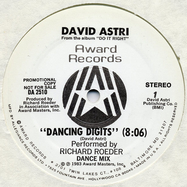 David Astri : Dancing Digits (12", Single, Promo, Cle)