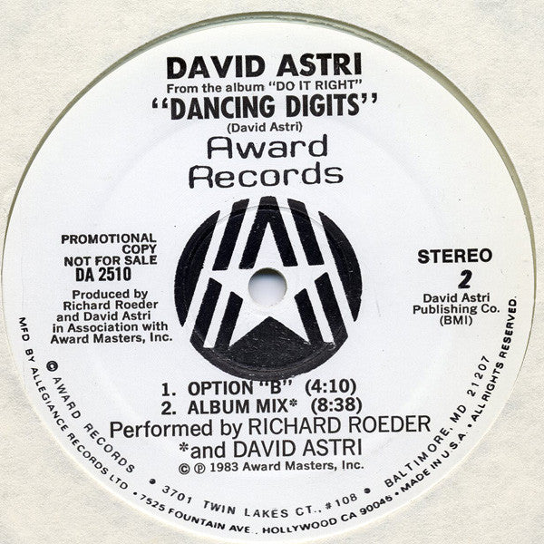 David Astri : Dancing Digits (12", Single, Promo, Cle)