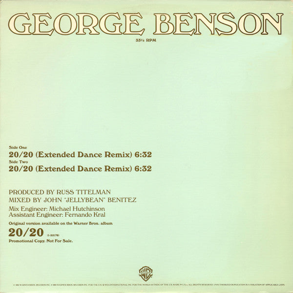 George Benson : 20/20 (Extended Dance Remix) (12", Promo)