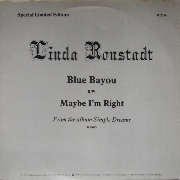 Linda Ronstadt : Blue  Bayou (12", Single, Ltd)