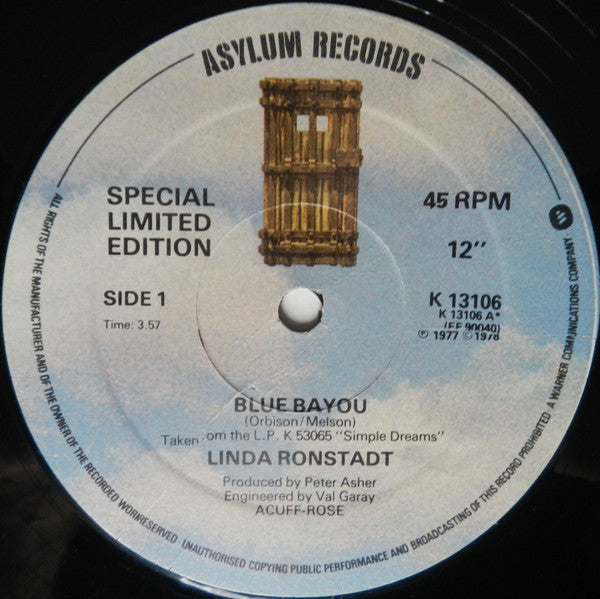 Linda Ronstadt : Blue  Bayou (12", Single, Ltd)