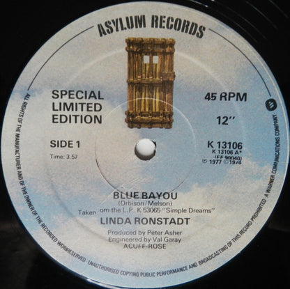 Linda Ronstadt : Blue  Bayou (12", Single, Ltd)